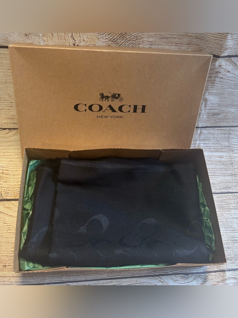 Coach Signature C Logo Woven Wool Silk Fringe Shawl Wrap Black F76394
